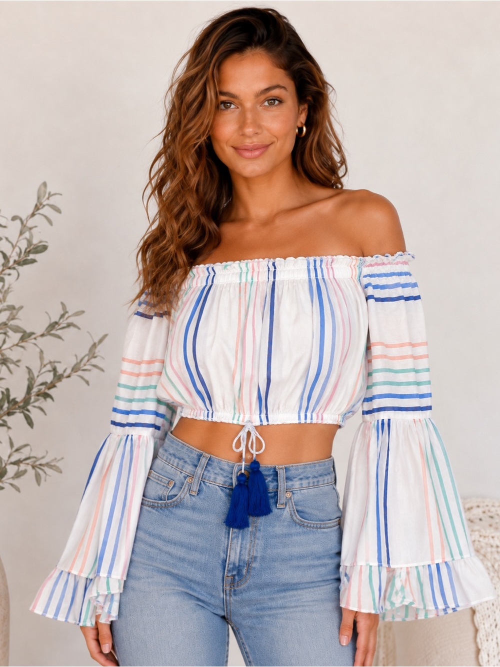 Surf Gypsy Off-The-Shoulder Bell Sleeve Stripe Top